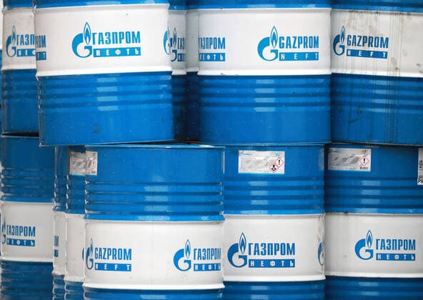 ST PETERSBURG, RUSSIA - MARCH 16, 2020: Barrels of mineral oil produced by Gazprom Neft. Peter Kovalev TASS  TS0D243B