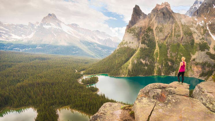 Female Hiker looking over Opabin Plateau in Yoho National Park Field, BC, Canada ,model released, Symbolfoto CR_SHKO200212-308304-01
