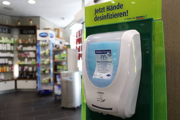 Disinfectant dispenser in a pharmacy Symbol picture on the topic of coronavirus on 16 03 2020 in Siegen Germany