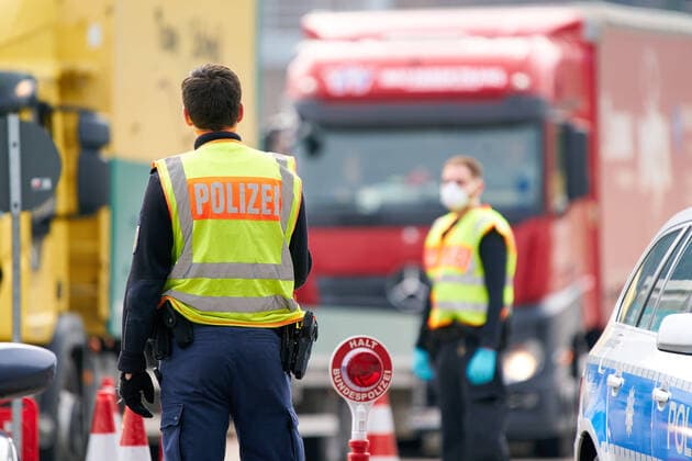 Border controls in Füssen, March 17, 2020. Policemen control every vehicle entering the border to Germany due to the Corona virus disease (COVID-19) on March 17, 2020 in Füssen, Germany