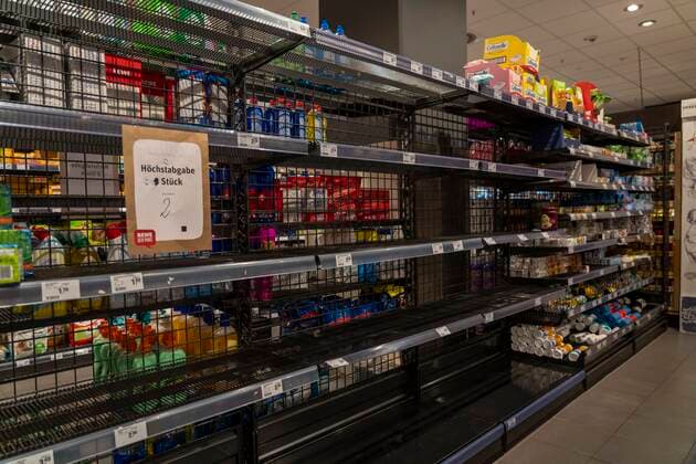 Effects of the corona virus pandemic in Germany, food, empty shelves in a supermarket, no more toilet paper in stock, maximum levy, corona pandemic