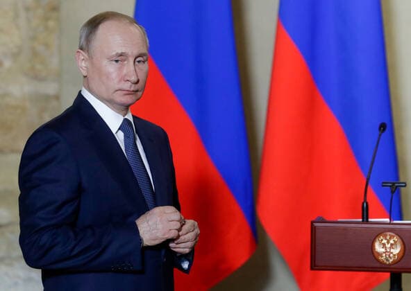 SEVASTOPOL, RUSSIA - MARCH 18, 2020: Russia s President Vladimir Putin addresses participants in a ceremony to present state decorations at the Konstantinovskaya Batareya Konstantin Battery Museum and Exhibition Centre. Mikhail Metzel TASS  TS0D2A35