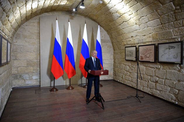 SEVASTOPOL, RUSSIA - MARCH 18, 2020: Russia s President Vladimir Putin addresses participants in a ceremony to present state decorations at the Konstantinovskaya Batareya Konstantin Battery Museum and Exhibition Centre. Alexei Druzhinin Russian Presidential Press and Information Office TASS  TS0D2A47