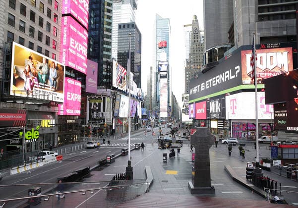 Almost no pedestrian traffic exists in the morning rush hours in Times Square in New York City on Wednesday, March 18, 2020. The federal government is working on a $1 trillion coronavirus stimulus package to try and rescue the U.S. economy from the coronavirus pandemic.  NYP20200318123 JOHNxANGELILLO