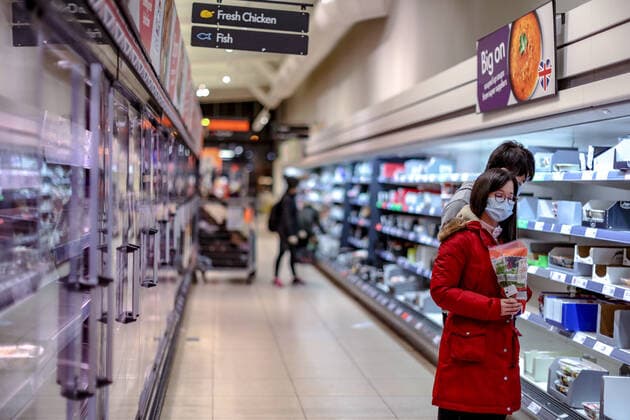 Customers are seen shopping for items meanwhile groceries, meat, as well as hygienic shelves, go empty very fast at most supermarkets in London. For most people, the new coronavirus causes only mild or moderate symptoms, such as fever and cough. For some, especially older adults and people with existing health problems, it can cause more severe illness, including pneumonia. Coronavirus claimed 104 lives to date of the British people, with 2,626 confirmed positive, as reported by authorities on Wednesday, March 18, 2020. All schools will be closed starting on Friday until further notice. (Photo Vudi Xhymshiti) iMagoVX