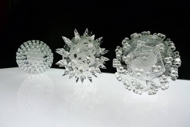 March 19, 2020, Bristol, United Kingdom: IN PHOTO: A collection of viruses..Internationally-renowned British artist Luke Jerram has created a coronavirus glass sculpture in tribute to the huge global scientific and medical effort to combat the pandemic...Made in glass, at 23cm in diameter, it is 1 million times larger than the actual virus. ..It was commissioned 5 weeks ago by a university in America to reflect its current and future research and learning in health, the environment and intelligent systems, and its focus on solving global challenges. ..Luke says: Ã¢â‚¬oeHelping to communicate the form of the virus to the public, the artwork has been created as an alternative representation to the artificially coloured imagery received through the media. In fact, viruses have no colour as they are smaller than the wavelength of light.Ã¢â‚¬ - ZUMAc218 20200319_zia_c218_037 Copyright: xCOVERxImagesx