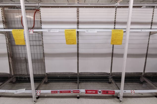 COLES EPPING TOILET PAPER QUEUE, Empty toilet paper shelves at Coles Supermarket, Epping in Sydney, Friday, March 20, 2020. Supermarkets have been struggling to keep up with demand for products such as toilet paper in recent days, as panic buying as a result of the Covid-19 pandemic has resulted in people purchasing far more than usual. Supermarkets have put in place limits on the quantity people can purchase of many everyday items. ( NO ARCHIVING, EDITORIAL USE ONLY, NO USE IN BOOKS WITHOUT CONSENT SYDNEY NSW AUSTRALIA  Copyright: xJAMESxGOURLEYx 20200320001458258957