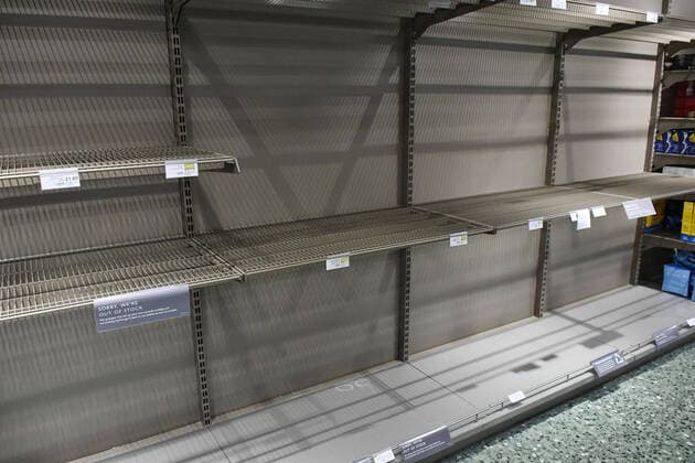 Empty shelves at Waitrose in John Lewis at Bluewater Shopping Centre, Kent, during Coronavirus outbreak . 20 03 2020. London, United Kingdom. Coronavirus outbreak, Bluewater Shopping Centre, UK.  xNilsxJorgensenx xi-Imagesx IIM-20940-0002