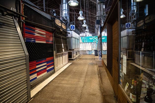March 20, 2020, Barcelona, BARCELONA, SPAIN: La Boqueria food market partially closed during the lockdown of the population of Barcelona to combat the coronavirus. In Barcelona, Spain, March 20 on 2020. Barcelona SPAIN - ZUMAa181 20200320_zaa_a181_108 Copyright: xXavixBonillax