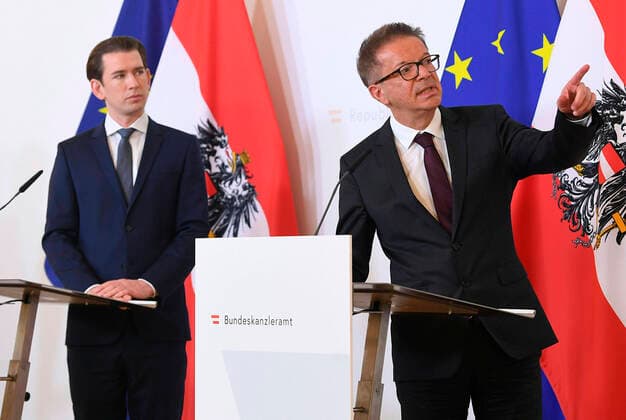 Vienna 20 03 2020, Federal Chancellery, Vienna, AUT, Current developments on corona disease in Austria, press conference, Current measures, in the picture Sebastian Kurz OeVP and Health Minister Rudolf Anschober Gruene Sebastian Kurz OeVP and Health Minister Rudolf Anschober Gruene during a press conference on the subject Current measures, of Austrian Goverment about the Coron  EP_pool