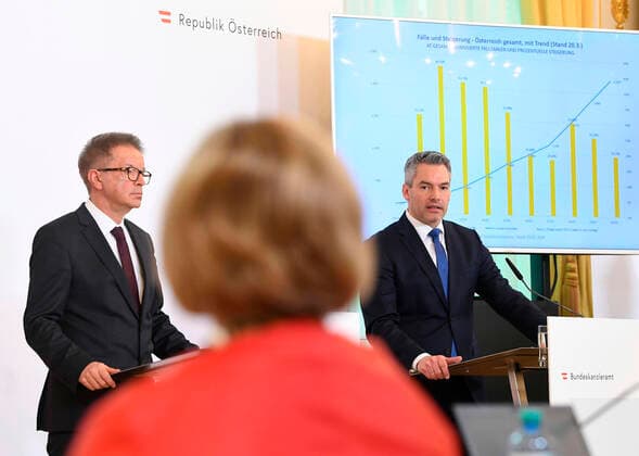 Vienna 20 03 2020, Federal Chancellery, Vienna, AUT, AUT, Current developments on corona disease in Austria, press conference, Current measures, in the picture Health Minister Rudolf Anschober Gruene and Interior Minister Karl Nehammer OeVP Health Minister Rudolf Anschober Gruene and Interior Minister Karl Nehammer OeVP during a press conference on th  EP_pool