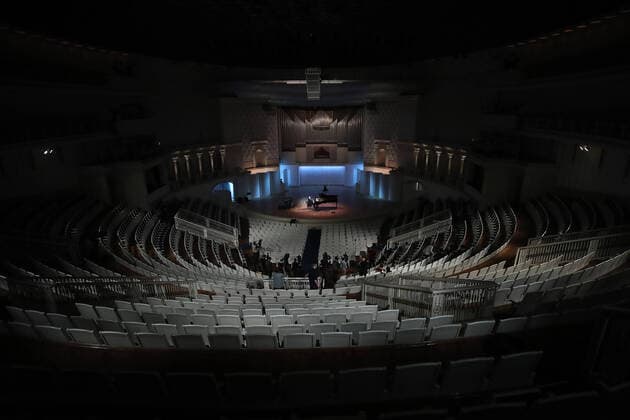 MOSCOW, RUSSIA - MARCH 20, 2020: Pianist Denis Matsuev performs during a live broadcast from the empty Tchaikovsky Concert Hall. The Russian Culture Ministry advised to suspend public events due to the COVID-19 coronavirus pandemic. Valery Sharifulin TASS  TS0D2EB4