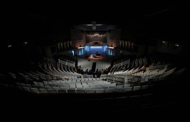 MOSCOW, RUSSIA - MARCH 20, 2020: Pianist Denis Matsuev performs during a live broadcast from the empty Tchaikovsky Concert Hall. The Russian Culture Ministry advised to suspend public events due to the COVID-19 coronavirus pandemic. Valery Sharifulin TASS  TS0D2EBF