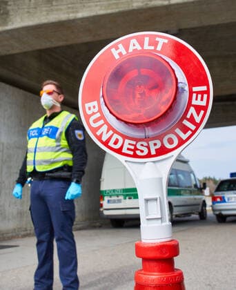 Border controls in Füssen, March 17, 2020. Policemen control every vehicle entering the border to Germany due to the Corona virus disease (COVID-19) on March 17, 2020 in Füssen, Germany