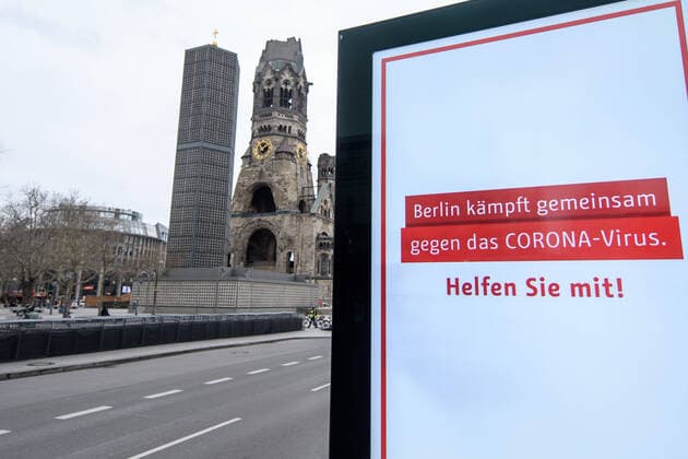 Coronavirus, Impressions from Berlin Germany, Berlin 20 03 2020 In the picture is a sign with Berlin fighting against the Corona Virus Help with and in the background is the Kaiser Wilhelm Memorial Church Berlin Germany