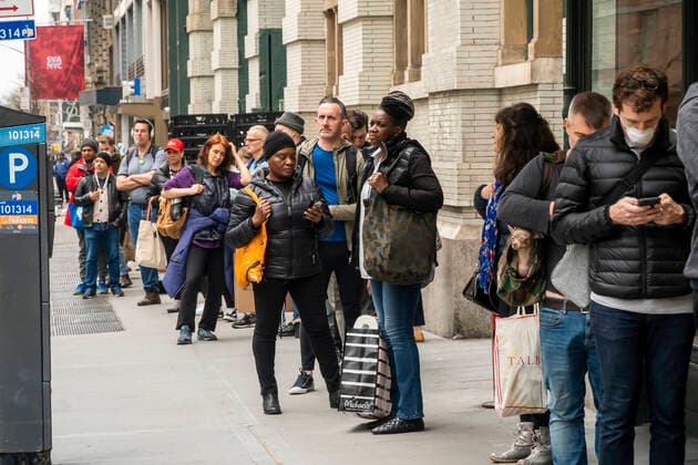 New York during the COVID-19 pandemic Line of customers outside of TraderJoeÕs in New York as the store limits the amount of shoppers inside because of the COVID-19 pandemic, seen on Friday, March 20, 2020. (  RichardxB.xLevine