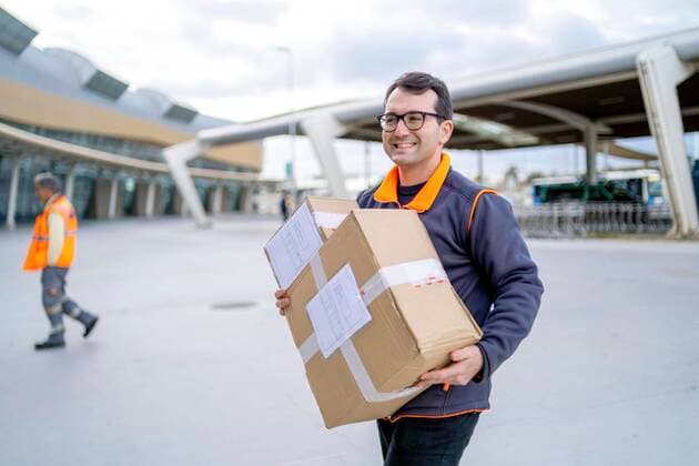 Happy courier with a package delivered to a business area, Poland, Europe Copyright: imageBROKER/JacekxSopotnicki ibxjas05116135.jpg