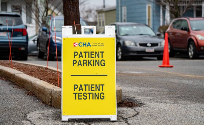 March 20, 2020, Somerville Hospital, Somerville, Massachusetts, USA: Sign for COVID-19 testing at a drive-thru coronavirus disease testing site at Somerville Hospital in Somerville, Massachusetts.  (124584558)