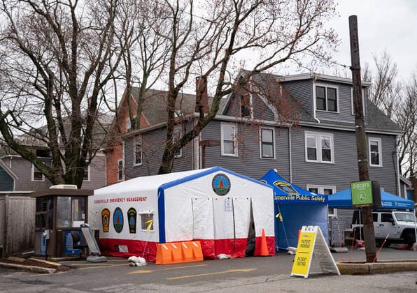 March 20, 2020, Somerville Hospital, Somerville, Massachusetts, USA: Drive-thru coronavirus disease testing site at Somerville Hospital in Somerville, Massachusetts.  (124584587)