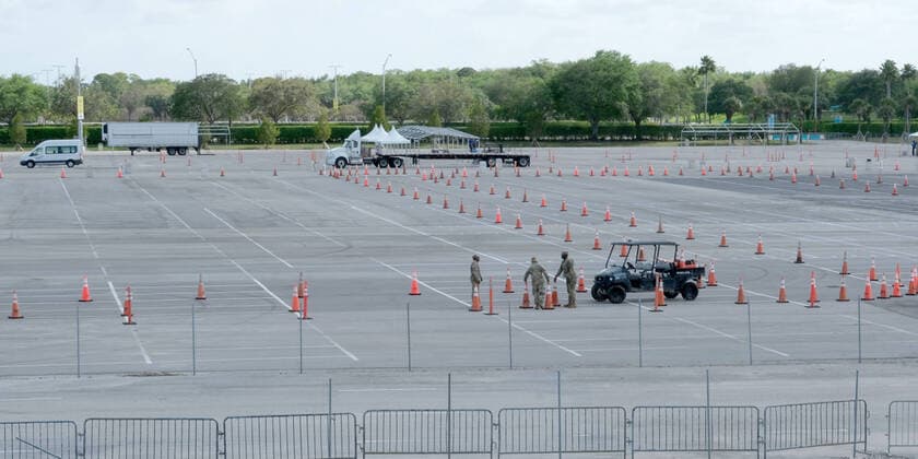 The Army Corps of Engineers set up a parking lot for Coronavirus testing and staging of the Florida National Guard at the Hard Rock Stadium on Friday, March 20, 2020 in Miami, Florida. This test site is scheduled to handle Miami area residents to help identify the Coronavirus Pandemic.  MIA20200320103 GARYxIxROTHSTEIN