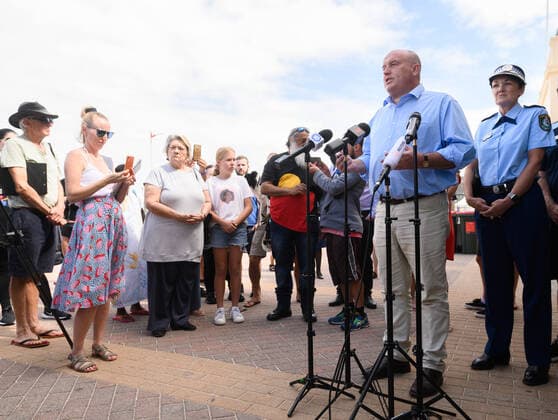 BONDI BEACH CORONAVIRUS CLOSURE, Minister for Police and Emergency Services David Elliott speaks during a press conference at Bondi Beach in Sydney, Saturday, March 21, 2020. Beachgoers drew condemnation yesterday when tens of thousands of people flouted social distancing rules, which have been put in place in an effort to limit the spread of COVID-19. ( NO ARCHIVING, EDITORIAL USE ONLY, NO USE IN BOOKS WITHOUT CONSENT SYDNEY NSW AUSTRALIA  Copyright: xJAMESxGOURLEYx 20200321001458564795