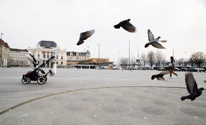 21 03 2020 Zurich , SWITZERLAND , Police has removed all chairs on Sechseläutenplatz In the picture pigeons on Sechseläutenplatz Coronavirus