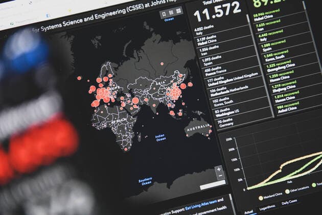 Dark number of coronavirus cases, interactive map Covid 19 Statistics from the Center for Systems Science and Engineering at Johns Hopkins University in Baltimore Stuttgart Baden Württemberg Germany Stuttgart Copyright: xonw-images.de MariusxBullingx