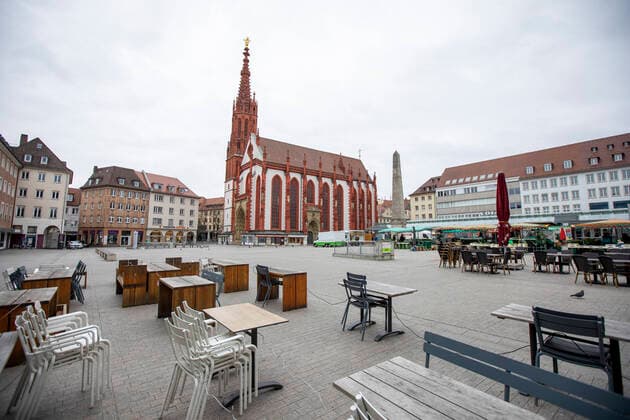 Wuerzburg, City, 21 03 2020, Coronavirus, disaster in Bavaria, exit restrictions Picture On popular places in Wuerzburg, are no longer persons, The citizens adhere to the provisional exit restrictions of the Bavarian State Ministry of Health and Care Copyright: HMBxMedia xHeikoxBecker