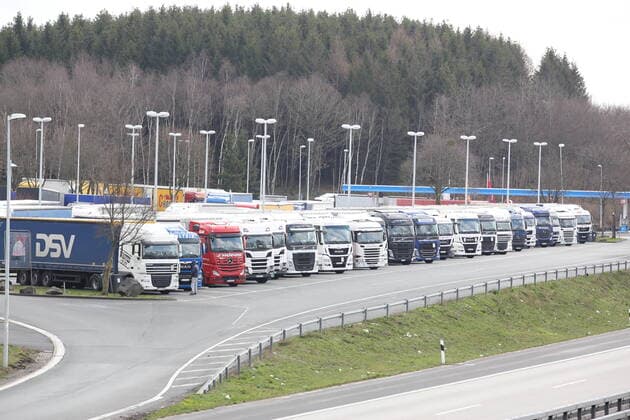 Coronavirus anxiety, effects because of the coronavirus Covid 19, there will be a curfew in NRW Parking at the Autobahn A45 at the rest stop Siegerland Ost between Siegen and Freudenberg, truck to truck city center on 21 03 2020 in Siegen Germany
