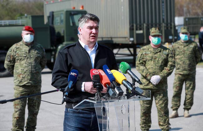 PXL_Zoran Milanovic 21.03.2020., Zagreb, Croatia - Croatian President Zoran Milanovic visited a self-sustaining expeditionary camp hospital set up by the military in the parking lot of the Dubrava Clinical Hospital to combat the coronavirus pandemic. Croatian president Zoran Milanovic at the press conference. SanjinxStrukic PIXSELL