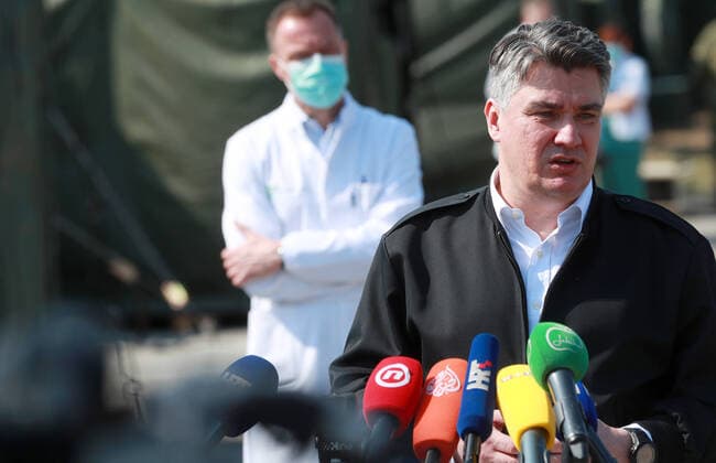PXL_Zoran Milanovic 21.03.2020., Zagreb, Croatia - Croatian President Zoran Milanovic visited a self-sustaining expeditionary camp hospital set up by the military in the parking lot of the Dubrava Clinical Hospital to combat the coronavirus pandemic. Croatian president Zoran Milanovic at the press conference. SanjinxStrukic PIXSELL