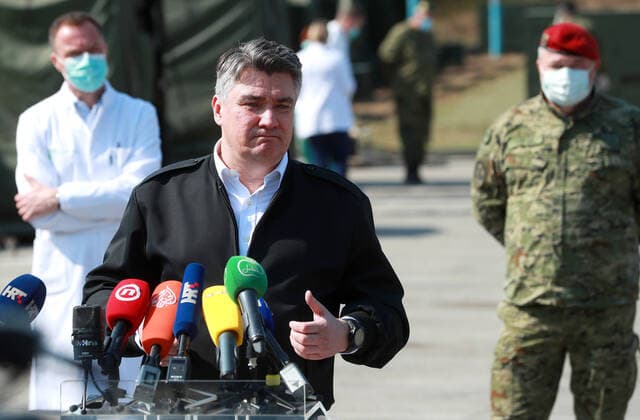 PXL_Zoran Milanovic 21.03.2020., Zagreb, Croatia - Croatian President Zoran Milanovic visited a self-sustaining expeditionary camp hospital set up by the military in the parking lot of the Dubrava Clinical Hospital to combat the coronavirus pandemic. Croatian president Zoran Milanovic at the press conference. SanjinxStrukic PIXSELL