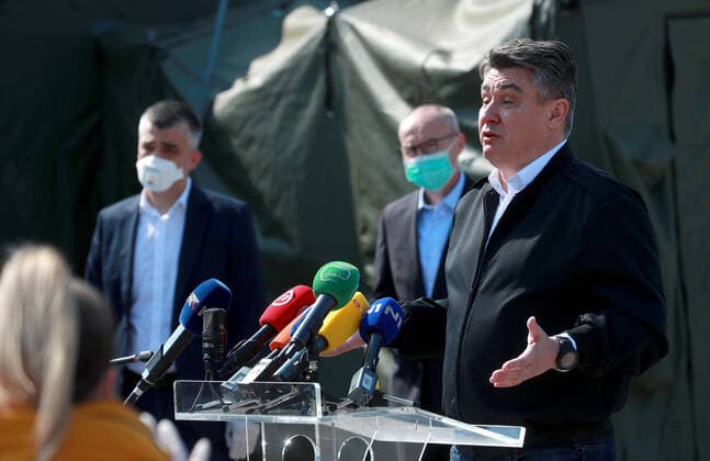 PXL_Zoran Milanovic 21.03.2020., Zagreb, Croatia - Croatian President Zoran Milanovic visited a self-sustaining expeditionary camp hospital set up by the military in the parking lot of the Dubrava Clinical Hospital to combat the coronavirus pandemic. Croatian president Zoran Milanovic at the press conference. SanjinxStrukic PIXSELL