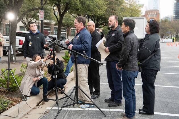 March 21, 2020, Dallas, Texas: Dallas County Judge CLAY JENKINS speaks to the media at the opening of the first of two county-sponsored COVID19 testing center in the county...The testing centers will have enough kits to test nearly 5,000 persons per week. The federal government has promised to deliver testing kits at least once per week...People seeking tests do not have to be Dallas County residents. However, in order to be tested, individuals must have a fever of 99.6 degrees or above and be either 65 or older, a first responder, a health care worker or a Dallas Area Rapid Transit bus driver. Dallas - ZUMAa183 20200321_znp_a183_004 Copyright: xAvixAdelmanx