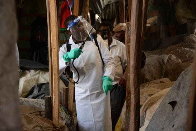 March 20, 2020, Nairobi, Kenya: A public health officer fumigates part of Gikomba market in Nairobi as a preventive measure against covid-19..The Kenyan government has banned all public gatherings activities, rallies and crusades. Places of worship are allowed to hold prayers provided they have hand sanitizers. Kenya has so far reported only seven cases of coronavirus. Nairobi Kenya - ZUMAs197 20200320_zaa_s197_261 Copyright: xDennisxSigwex