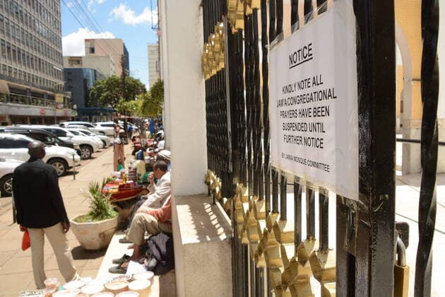 March 21, 2020, Nairobi, Kenya: A notice announcing the temporary suspension of prayers is pictured at the entrance of Jamia Mosque in Nairobi amid fears of covid-19..The Kenyan government has banned all public gatherings activities, rallies and crusades. Places of worship are allowed to hold prayers provided they have hand sanitizers. Kenya has so far reported only seven cases of coronavirus. Nairobi Kenya - ZUMAs197 20200321_zaa_s197_084 Copyright: xDennisxSigwex