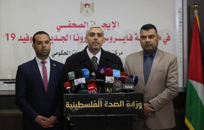 March 21, 2020, Gaza City, Gaza Strip, Palestinian Territory: Head of the government media office, Salama Maarouf, speaks during a press conference about the coronavirus, in Gaza city, on March 21, 2020 Gaza City Palestinian Territory - ZUMAap3_ 20200321_zaf_ap3_041 Copyright: xMahmoudxAjjourx