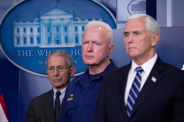 March 21, 2020, Washington, District of Columbia, USA: Director of the National Institute of Allergy and Infectious Diseases at the National Institutes of Health Dr. Anthony Fauci; Admiral Brett Giroir, United States Assistant Secretary for Health; and US Vice President Mike Pence listen as US President Donald J. Trump makes remarks on the Coronavirus crisis in the Brady Press Briefing Room of the White House in Washington, DC on Saturday, March 21, 2020 Washington USA - ZUMAs152 20200321_zaa_s152_013 Copyright: xStefanixReynoldsx