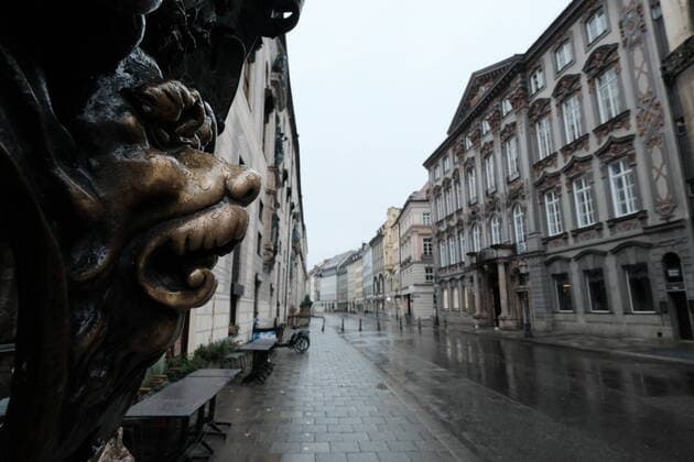 Lion statue in the empty Residenzstrasse Restricted access in Bavaria due to corona pandemic Day 1, Munich on 21 03 2020