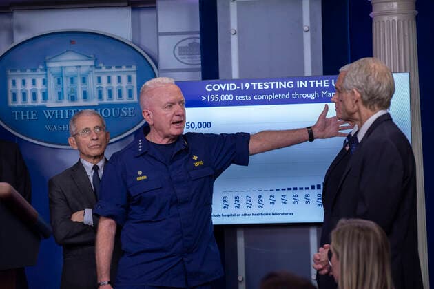 March 21, 2020, Washington, District of Columbia, USA: Admiral Brett Giroir, United States Assistant Secretary for Health makes remarks on the Coronavirus crisis in the Brady Press Briefing Room of the White House in Washington, DC on Saturday, March 21, 2020. Looking on from left is Director of the National Institute of Allergy and Infectious Diseases at the National Institutes of Health Dr. Anthony Fauci Washington USA - ZUMAs152 20200321_zaa_s152_021 Copyright: xStefanixReynoldsx