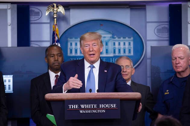 March 21, 2020, Washington, District of Columbia, USA: United States President Donald J. Trump makes remarks on the Coronavirus crisis in the Brady Press Briefing Room of the White House in Washington, DC on Saturday, March 21, 2020. Standing behind the President, from left to right: US Secretary of Housing and Urban Development (HUD) Ben Carson; Director of the National Institute of Allergy and Infectious Diseases at the National Institutes of Health Dr. Anthony Fauci; and Admiral Brett Giroir, US Assistant Secretary for Health Washington USA - ZUMAs152 20200321_zaa_s152_030 Copyright: xStefanixReynoldsx