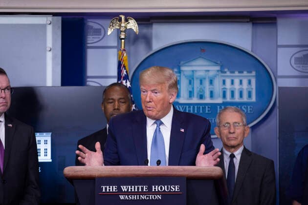 March 21, 2020, Washington, District of Columbia, USA: United States President Donald J. Trump makes remarks on the Coronavirus crisis in the Brady Press Briefing Room of the White House in Washington, DC on Saturday, March 21, 2020. Standing behind the President, from left to right: Pete Gaynor, Administrator, Federal Emergency Management Agency (FEMA); US Secretary of Housing and Urban Development (HUD) Ben Carson; and Director of the National Institute of Allergy and Infectious Diseases at the National Institutes of Health Dr. Anthony Fauci Washington USA - ZUMAs152 20200321_zaa_s152_036 Copyright: xStefanixReynoldsx