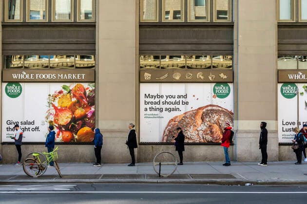 New York during the COVID-19 pandemic Line of customers outside of Whole Foods Market in Chelsea in New York as the store limits the amount of shoppers inside because of the COVID-19 pandemic, seen on Saturday, March 21, 2020. (  RichardxB.xLevine