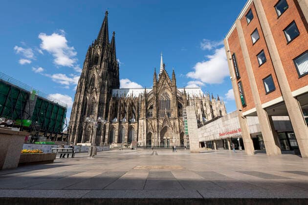 Effects of the coronavirus crisis, empty square at the Cologne Cathedral, Roncalliplatz, Cologne,Germany, Corona crisis