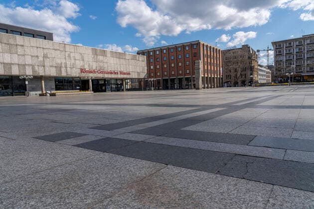 Effects of the coronavirus crisis, empty square at the Cologne Cathedral, Roncalliplatz, Cologne,Germany, Corona crisis