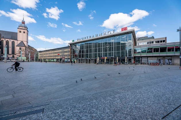 Effects of the coronavirus crisis, empty square in front of the central station, Cologne,Germany, Corona crisis