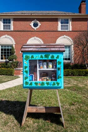 March 21, 2020, Detroit, Michigan, USA: Detroit, Michigan USA - 21 March 2020 - A Little Free Library, converted to a free food exchange distribution because of the coronavirus crisis. The library was placed in front of their home by two ministers, Rev. Vicki Hesse and Rev. Leah McCullough. Detroit USA - ZUMAw66_ 20200321_zaf_w66_008 Copyright: xJimxWestx