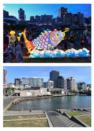 (200322) -- WELLINGTON, March 22, 2020 -- Combo photo taken in Wellington, New Zealand shows visitors admiring a lantern festival by the sea on Feb. 14, 2020 (top) and the empty seaside on March 22, 2020. New Zealand reported 14 new cases of COVID-19 on Sunday, bringing the total number of confirmed cases to 66. The country is at COVID-19 alert level two. ) NEW ZEALAND-WELLINGTON-ALERT SYSTEM-LEVEL TWO GuoxLei 