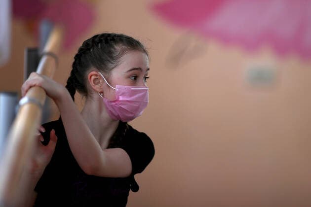 IVANOVO, RUSSIA - MARCH 22, 2020: A girl wearing a face mask during a class at a dance studio during the COVID-19 coronavirus pandemic. Vladimir Smirnov TASS  TS0D3041