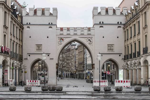 March 22, 2020, Munich, Bavaria, Germany: An empty Karlsplatz Stachus in Munich, Germany after Covid-19 restrictions were put in place. Even on Sundays, the plaza and streets are filled with church-goers, cafe customers, and tourists. Displays of the empty streets and city center of Munich, Germany after restrictions on public life were put into force. The Interior Ministry has stated that cold weather, rain, and snow is a positive in this case. In comparison to a complete ban, Bavaria still allows highly restricted movement outside of the home and police are prepared act against violations. Munich Germany - ZUMAb160 20200322_zbp_b160_016 Copyright: xSachellexBabbarx